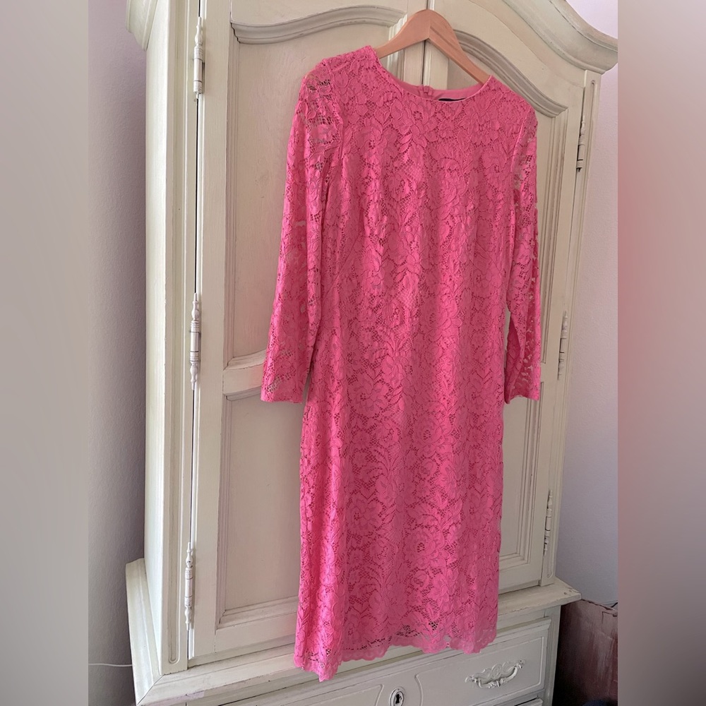 New! Gorgeous peach/coral lace dress, sheer lace sleeves, size 12
